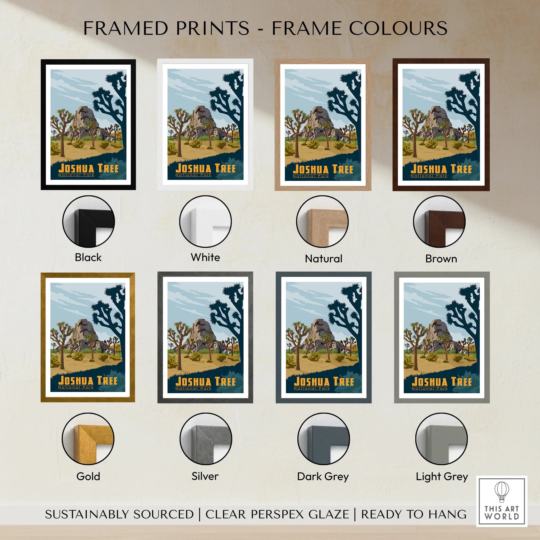 Joshua Tree National Park art print with eight frame color options including black, white, natural, brown, gold, silver, dark grey, and light grey.