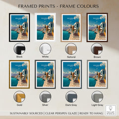 Kalamata Greece Wall Art Print | Mediterranean Seaside Town Travel Poster framed in various colors including black, white, and natural.