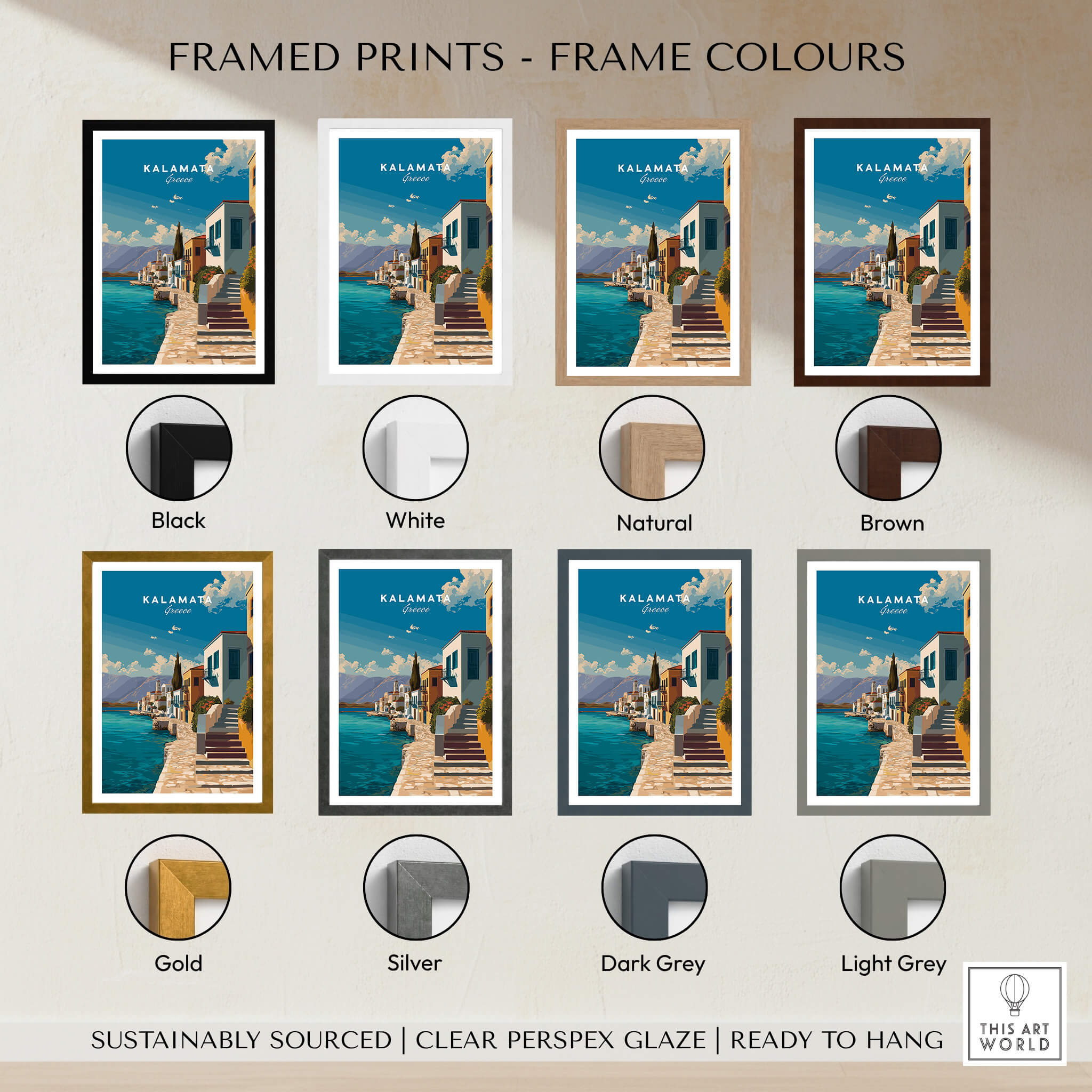 Kalamata Greece Wall Art Print | Mediterranean Seaside Town Travel Poster framed in various colors including black, white, and natural.
