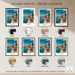 Framed Kalamata Greece Poster options showcasing various frame colors: Black, White, Natural, Brown, Gold, Silver, Dark Grey, Light Grey.