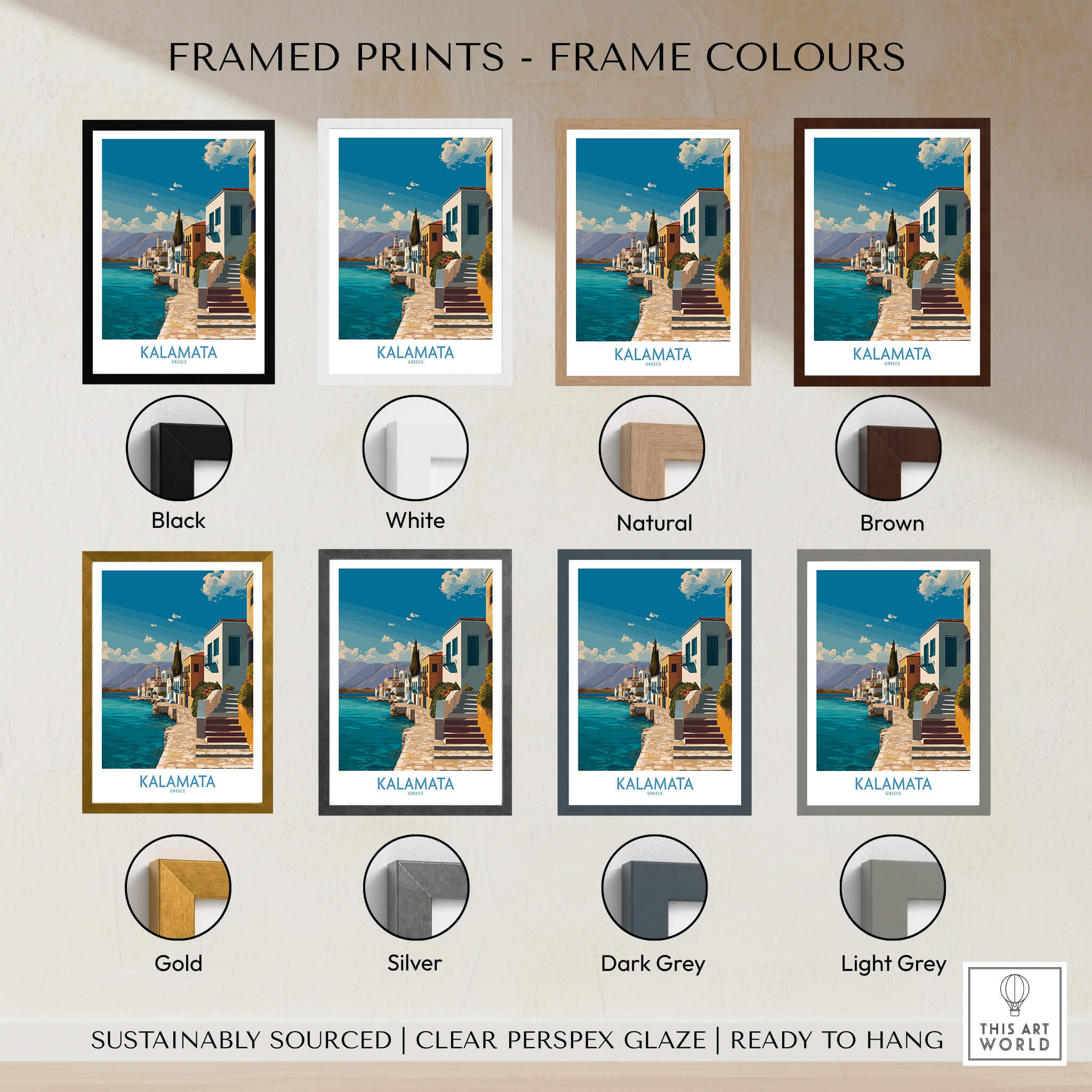 Framed Kalamata Greece Poster options showcasing various frame colors: Black, White, Natural, Brown, Gold, Silver, Dark Grey, Light Grey.