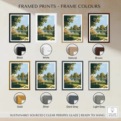 Framed Kew Gardens art print showing frame color options: black, white, natural, brown, gold, silver, dark grey, light grey.