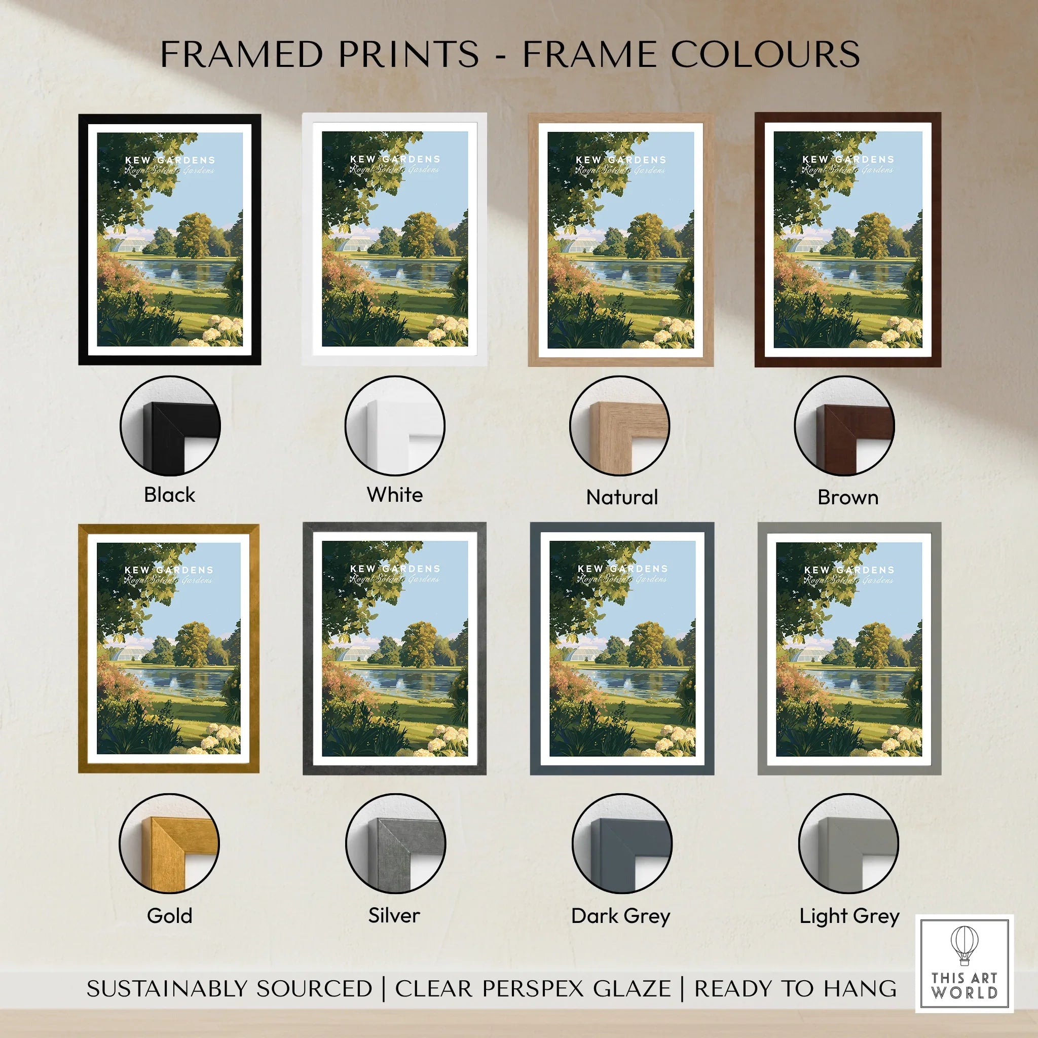 Framed Kew Gardens art print showing frame color options: black, white, natural, brown, gold, silver, dark grey, light grey.