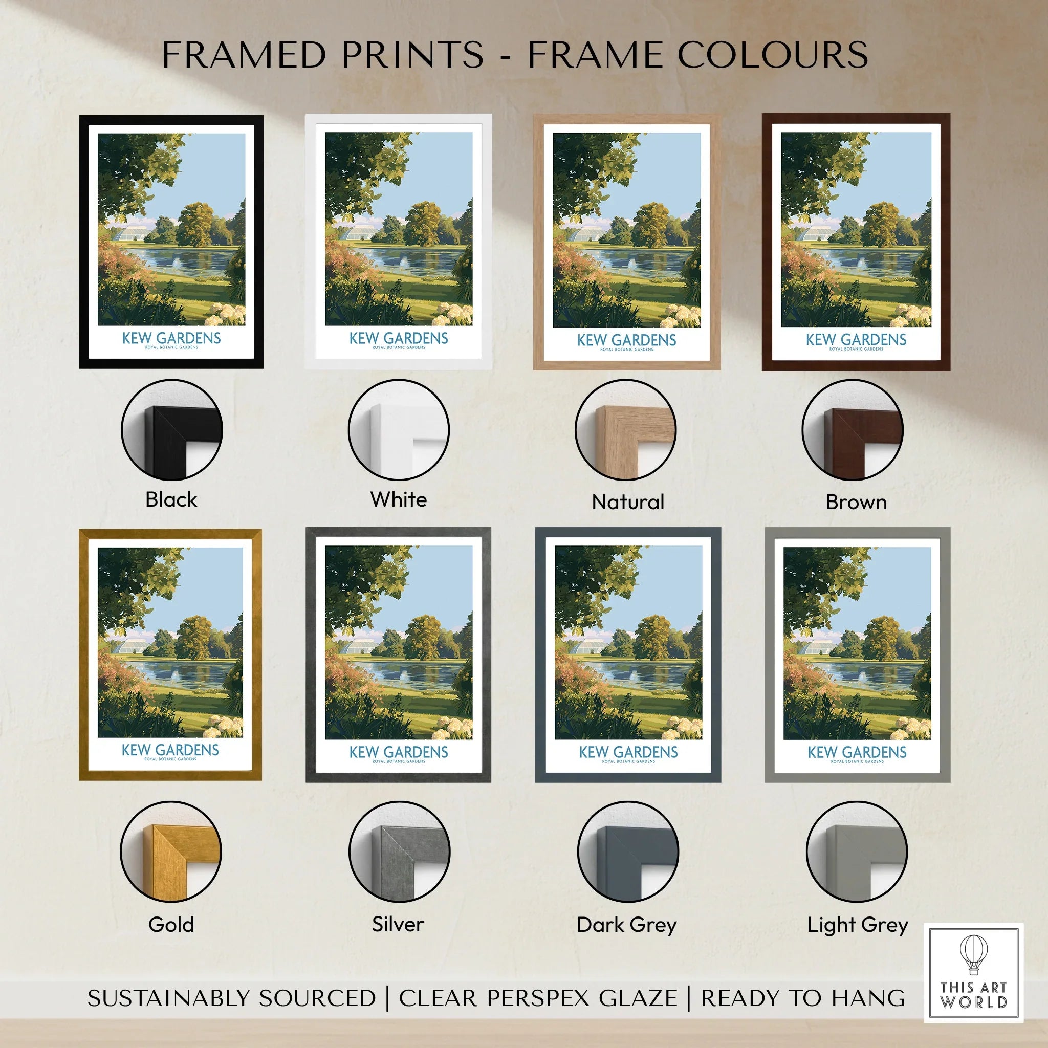 Kew Gardens framed art print in eight frame colours, landscape travel wall art options