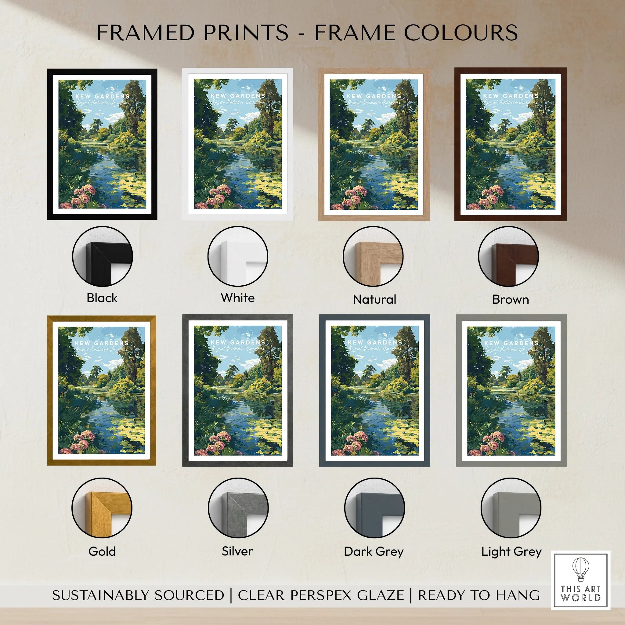 Kew Gardens framed wall art print with eight frame color options including black, white, natural, brown, gold, silver, dark grey, and light grey.