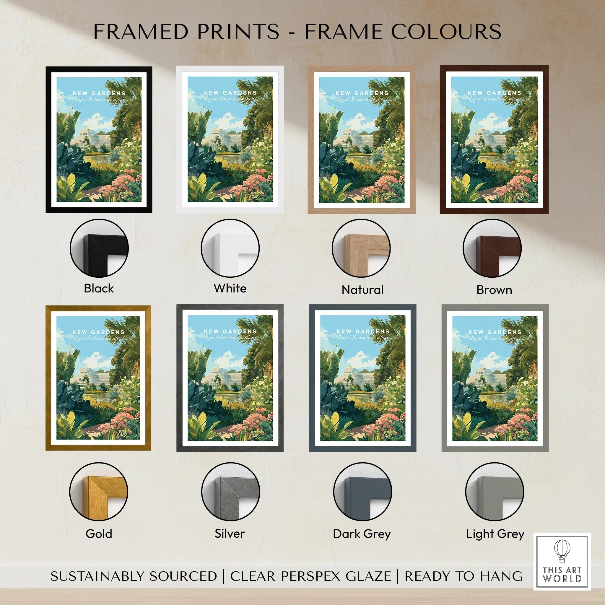 Kew Gardens travel print with eight frame color options: black, white, natural, brown, gold, silver, dark grey, light grey.