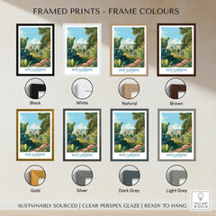 Kew Gardens travel poster print with eight frame color options, including black, white, natural, brown, gold, silver, dark grey, and light grey.