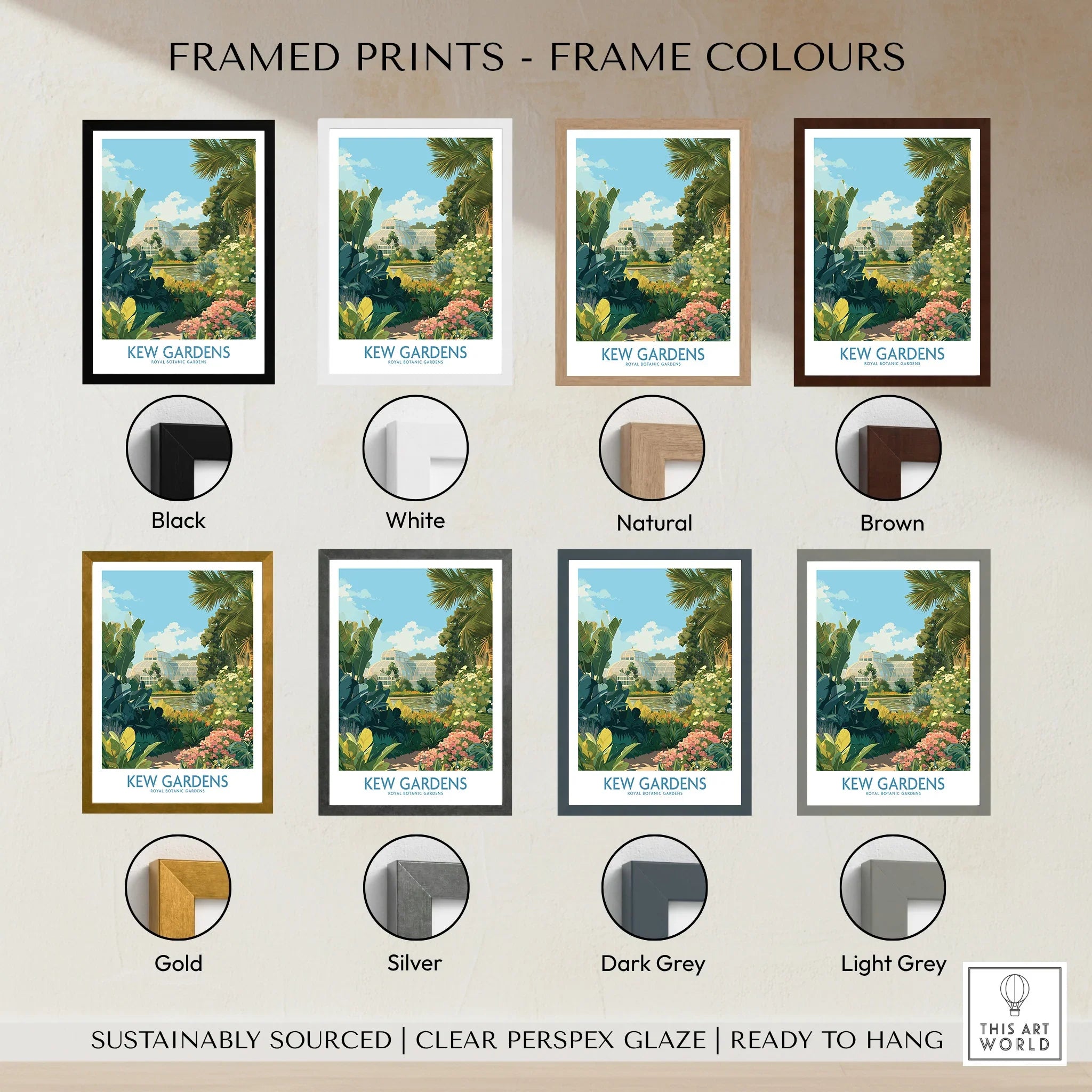 Kew Gardens travel poster print with eight frame color options, including black, white, natural, brown, gold, silver, dark grey, and light grey.
