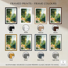 Kew Gardens botanical art print in eight frame color options, including black, white, natural, brown, gold, silver, dark grey, and light grey.