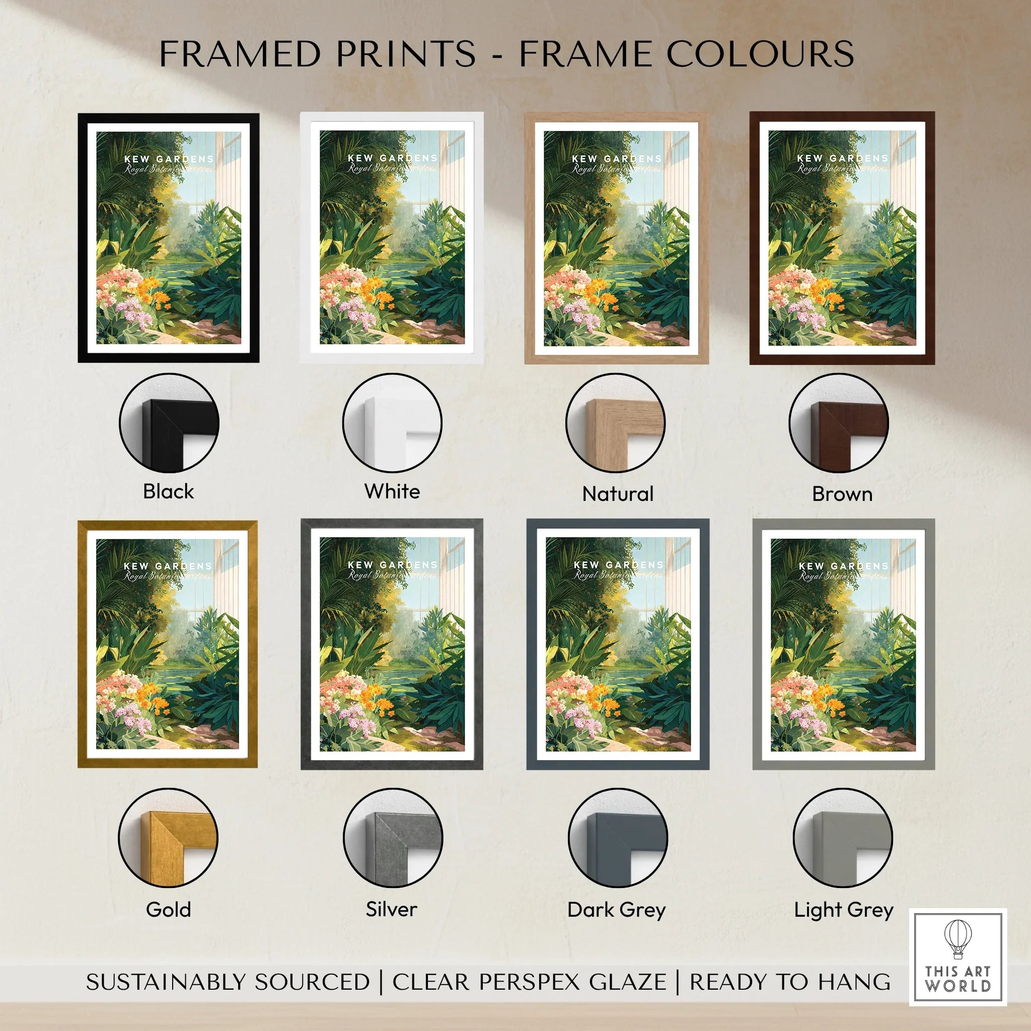 Kew Gardens botanical art print in eight frame color options, including black, white, natural, brown, gold, silver, dark grey, and light grey.