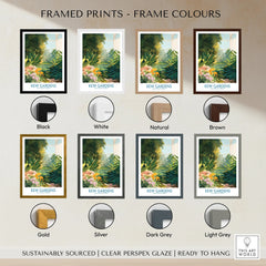 Kew Gardens travel print with multiple frame color options including black, white, gold, and grey.