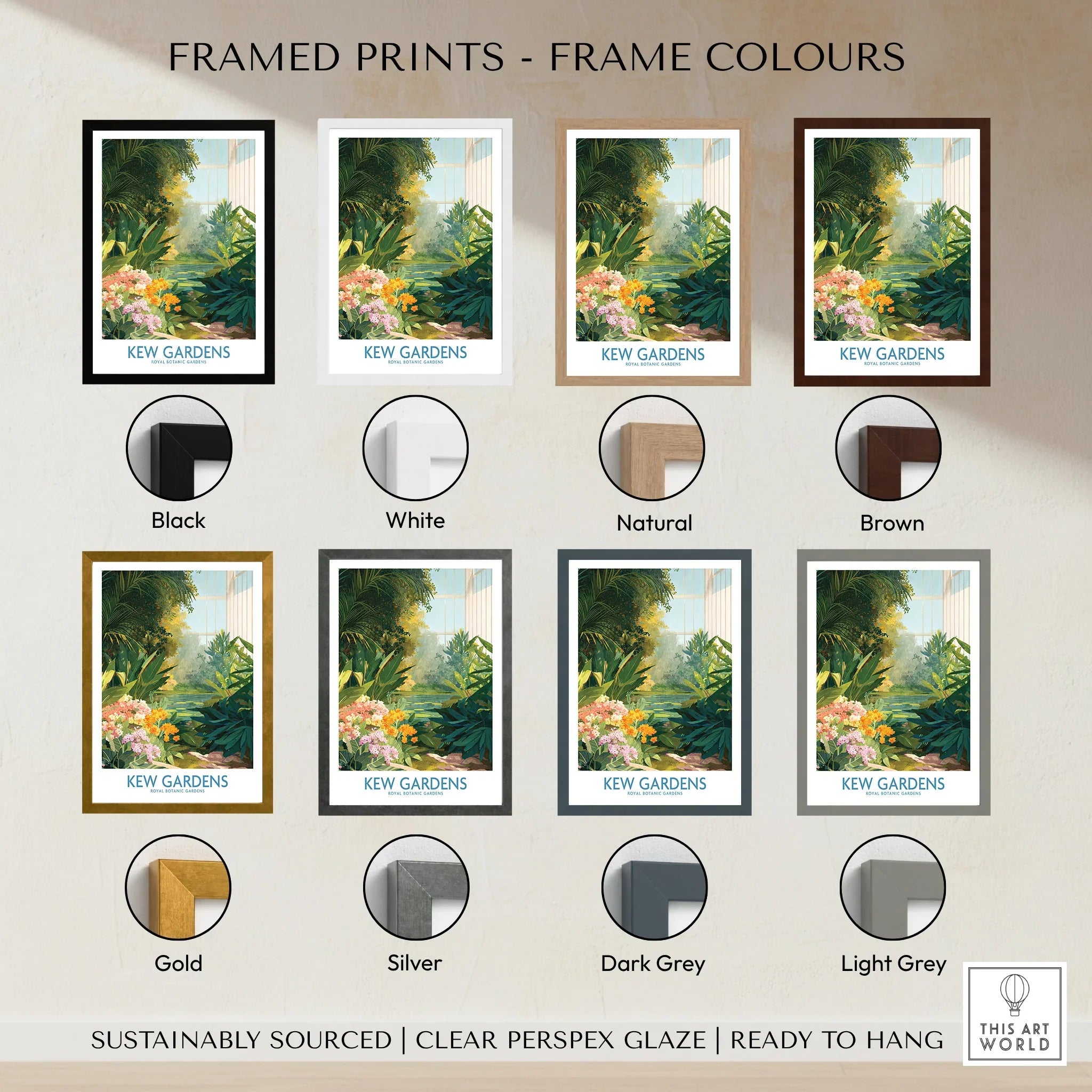 Kew Gardens travel print with multiple frame color options including black, white, gold, and grey.