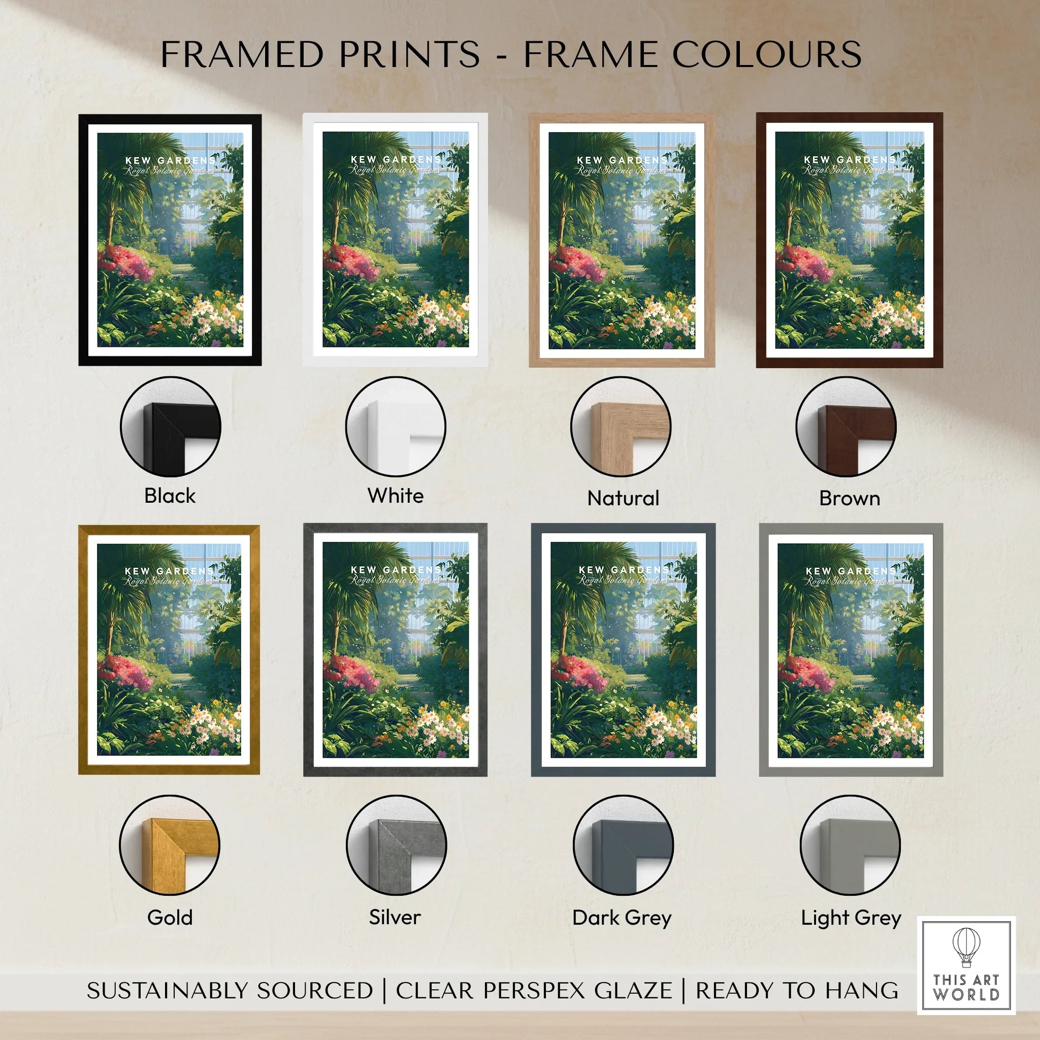 Kew Gardens botanical art print with eight frame color options including black, white, natural, brown, gold, silver, dark grey, and light grey, ideal for home decor.