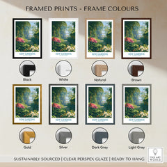 Kew Gardens botanical art print displayed in eight different frame color options, including black, white, natural, brown, gold, silver, dark grey, and light grey.