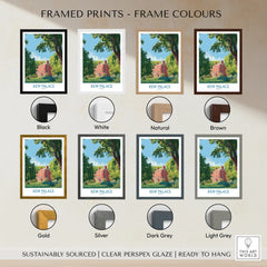 Kew Palace travel poster framed print shown in black, white, natural, brown, gold, silver, dark grey, and light grey frame options.