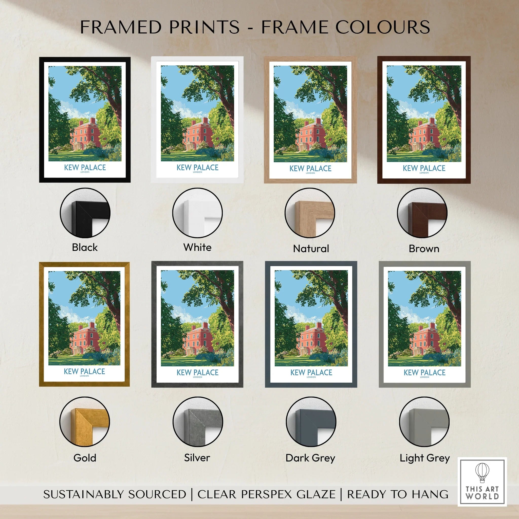 Kew Palace travel poster framed print shown in black, white, natural, brown, gold, silver, dark grey, and light grey frame options.