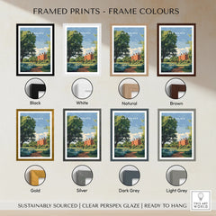 Kew Palace travel poster print with eight frame color options including black, white, natural, brown, gold, silver, dark grey, and light grey.