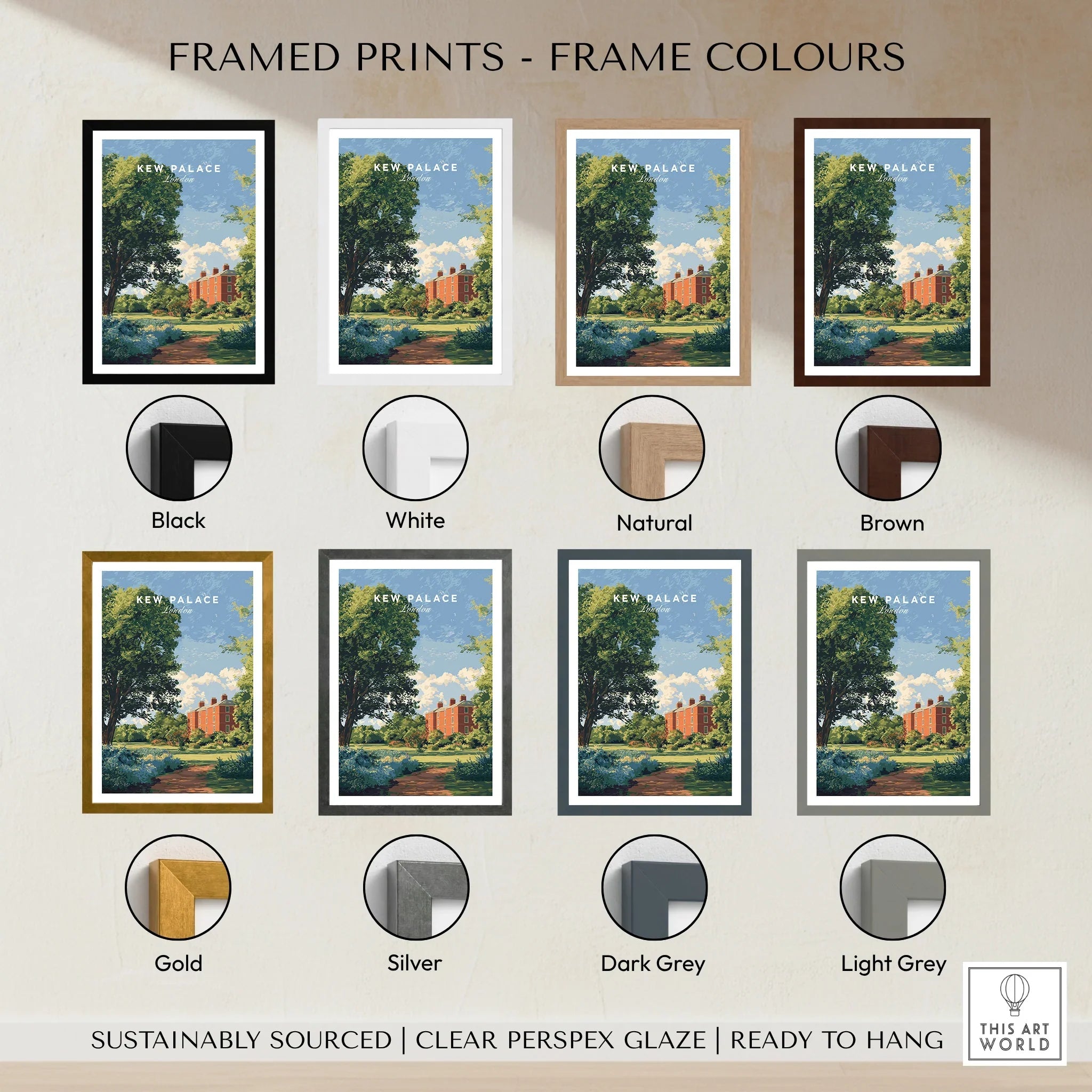 Kew Palace travel poster print with eight frame color options including black, white, natural, brown, gold, silver, dark grey, and light grey.