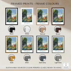 Kew Palace travel wall art print displayed in black, white, natural, brown, gold, silver, dark grey, and light grey frame options.