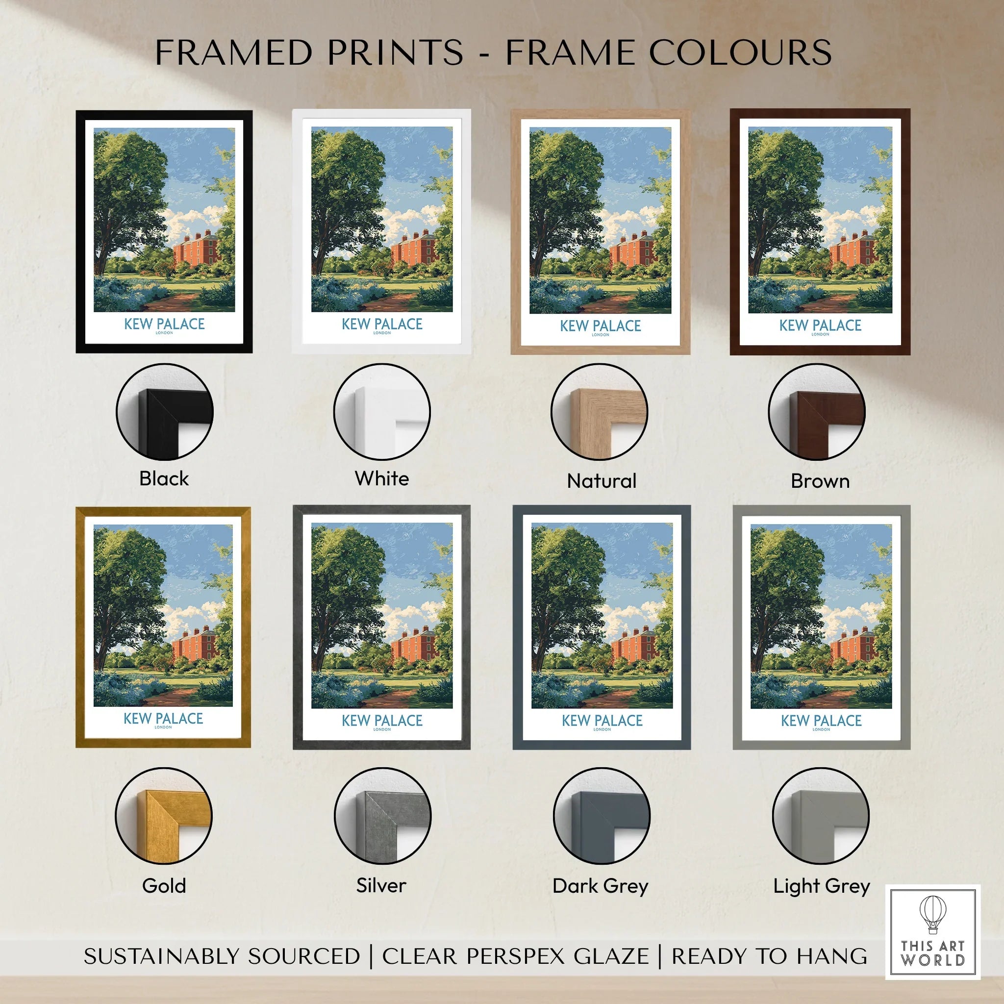 Kew Palace travel wall art print displayed in black, white, natural, brown, gold, silver, dark grey, and light grey frame options.