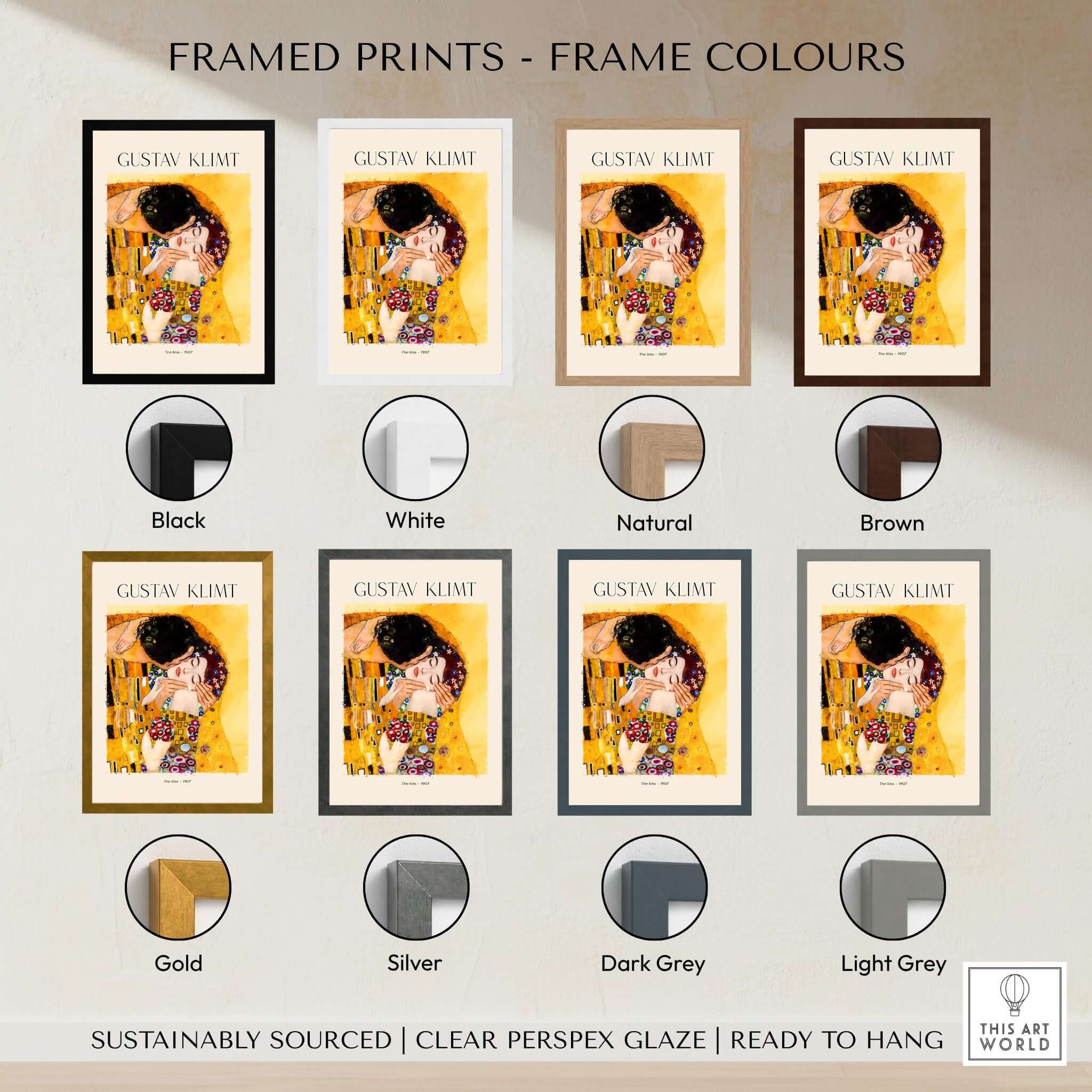 Framed prints of Gustav Klimt Art Print - The Kiss 1907 in various frame colors including Black, White, Natural, Brown, Gold, Silver, Dark Grey, Light Grey.