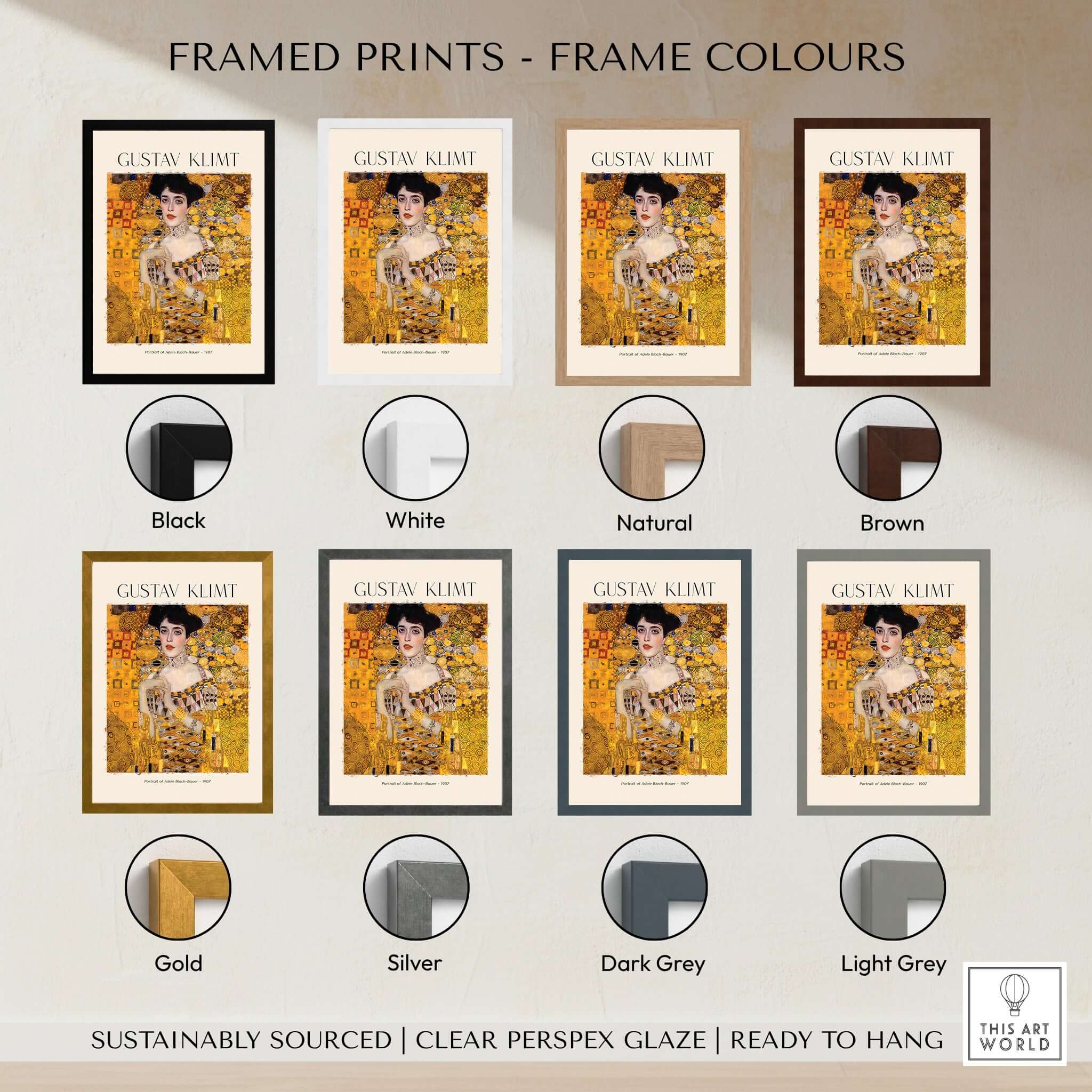 Framed prints showcasing frame colors for Gustav Klimt Art Print - Portrait of Adele Bloch-Bauer I Poster 1907.