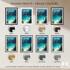 Koh Phi Phi Thailand Travel Poster | Maya Bay Tropical Beach Wall Art Print framed options in various colors.