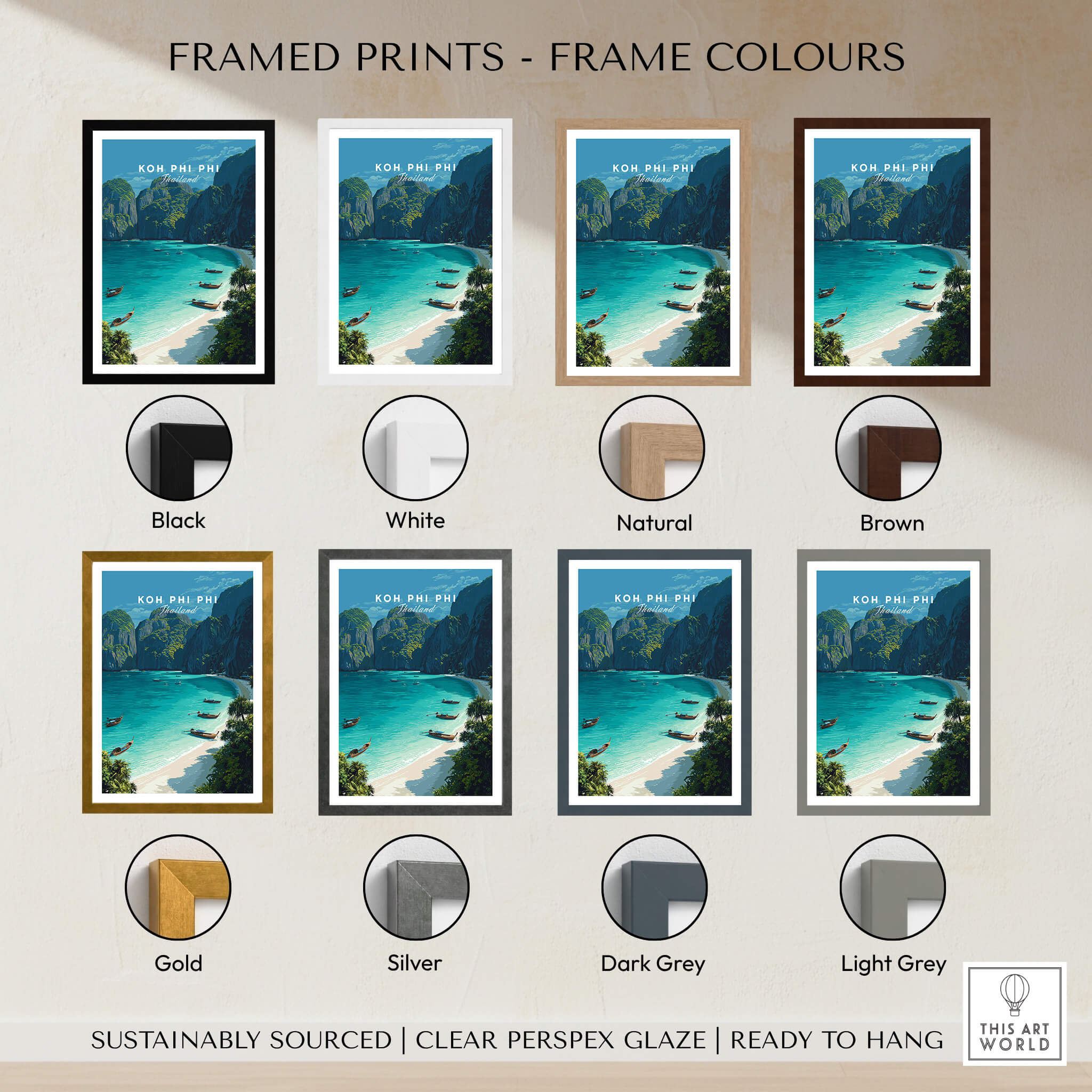 Koh Phi Phi Thailand Travel Poster | Maya Bay Tropical Beach Wall Art Print framed options in various colors.
