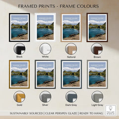 Komodo Island travel poster print with eight frame color options including black, white, natural, brown, gold, silver, dark grey, and light grey.