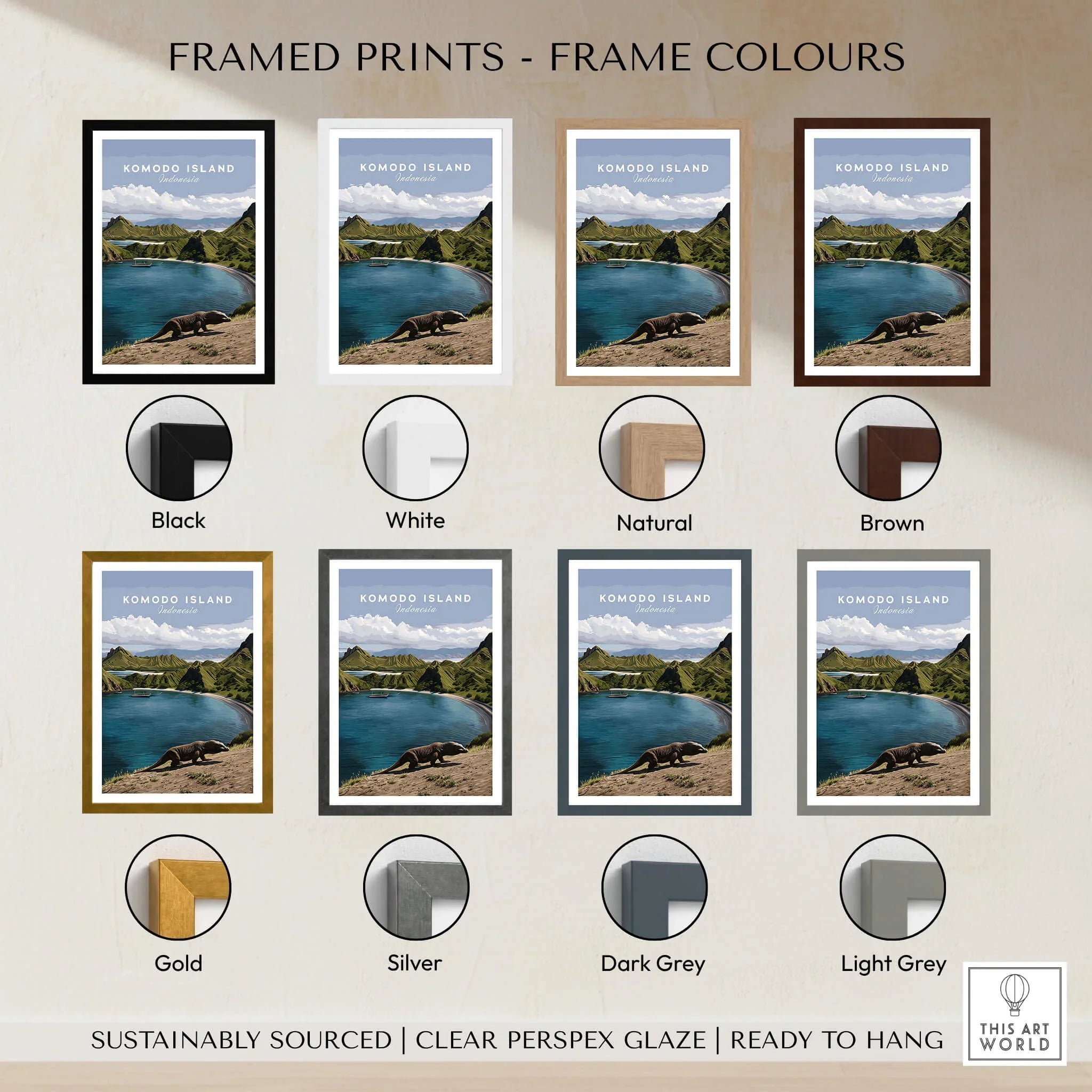 Komodo Island travel poster print with eight frame color options including black, white, natural, brown, gold, silver, dark grey, and light grey.