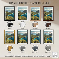 Komodo Island framed travel poster print shown in eight frame color options including black, white, natural, brown, gold, silver, dark grey, and light grey.