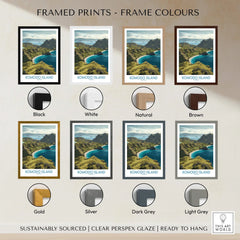 Komodo Island travel poster framed in eight color options including black, white, natural, brown, gold, silver, dark grey, and light grey.