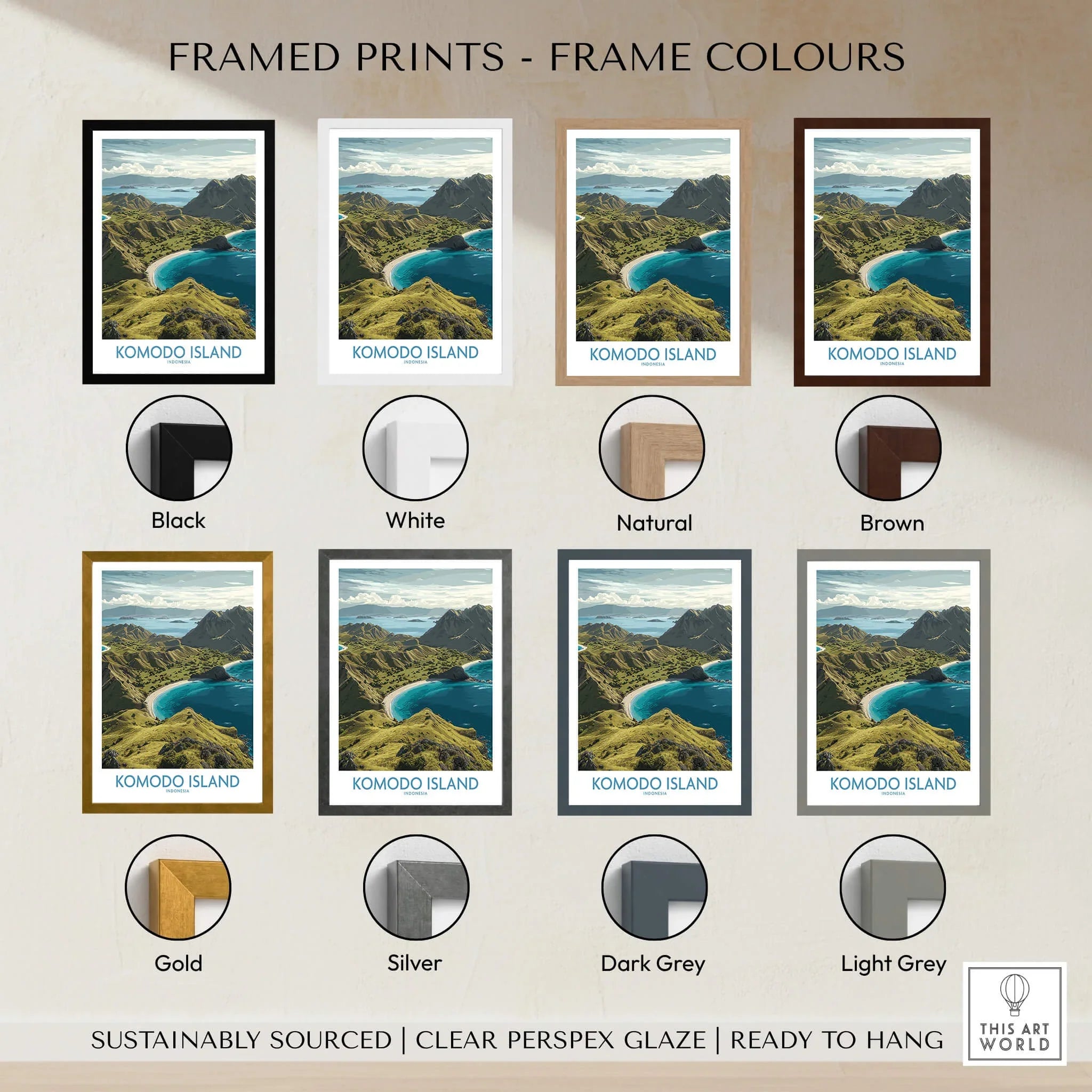 Komodo Island travel poster framed in eight color options including black, white, natural, brown, gold, silver, dark grey, and light grey.