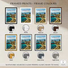 Framed Komodo Island travel poster with eight frame color options, wall art decor display.