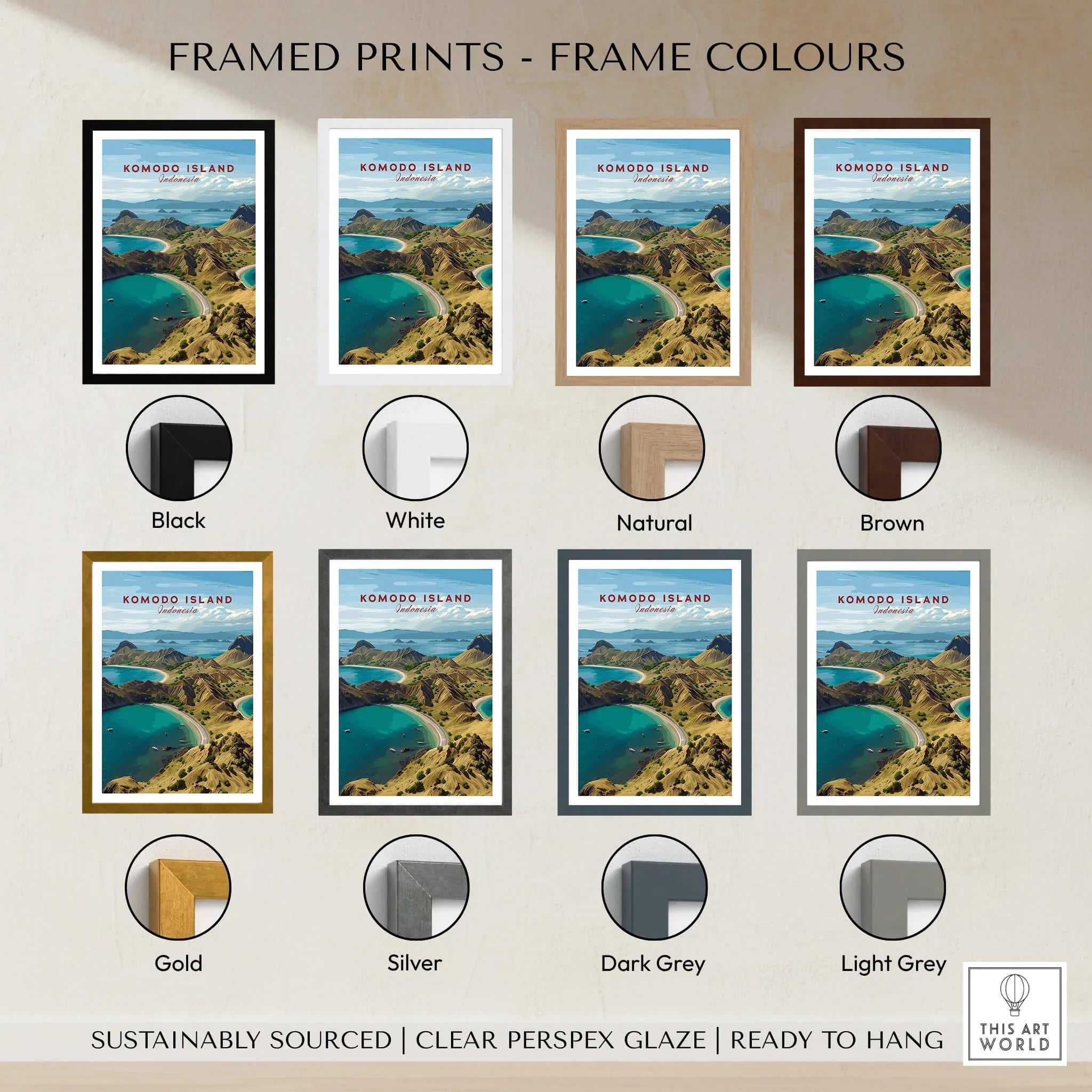 Framed Komodo Island travel poster with eight frame color options, wall art decor display.