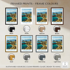 Komodo Island travel poster wall art with eight frame color options including black, white, natural wood, brown, gold, silver, dark grey, and light grey.