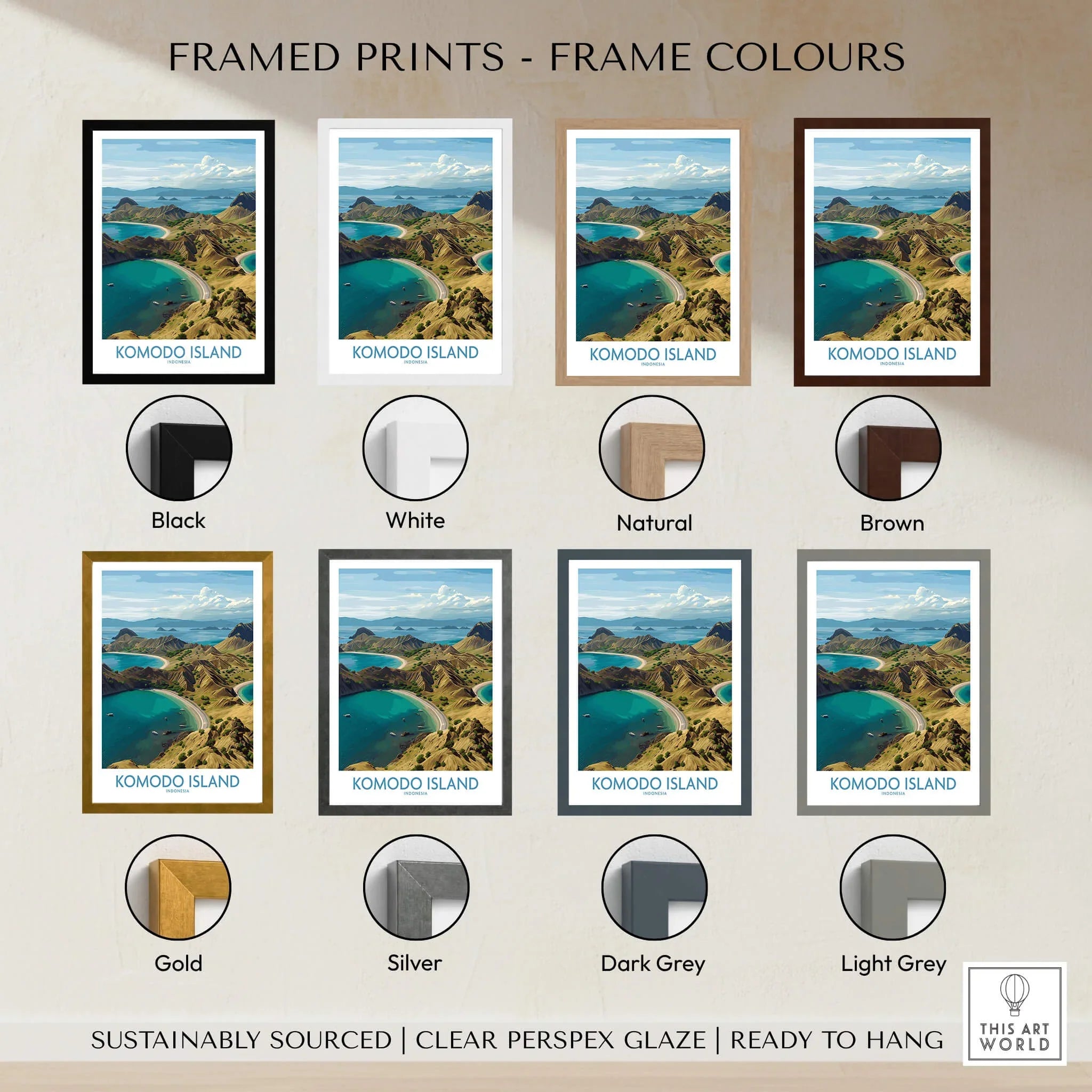 Komodo Island travel poster wall art with eight frame color options including black, white, natural wood, brown, gold, silver, dark grey, and light grey.