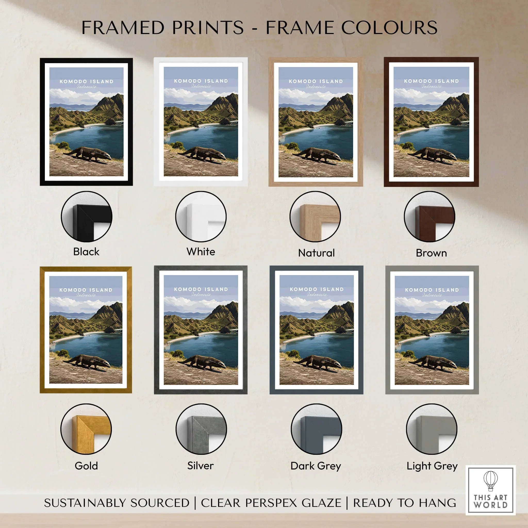 Komodo Island travel poster wall art in eight frame colour options, including black, white, natural, brown, gold, silver, dark grey, and light grey.