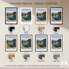 Komodo Island travel poster print with multiple frame color options including black, white, natural, brown, gold, silver, dark grey, and light grey.