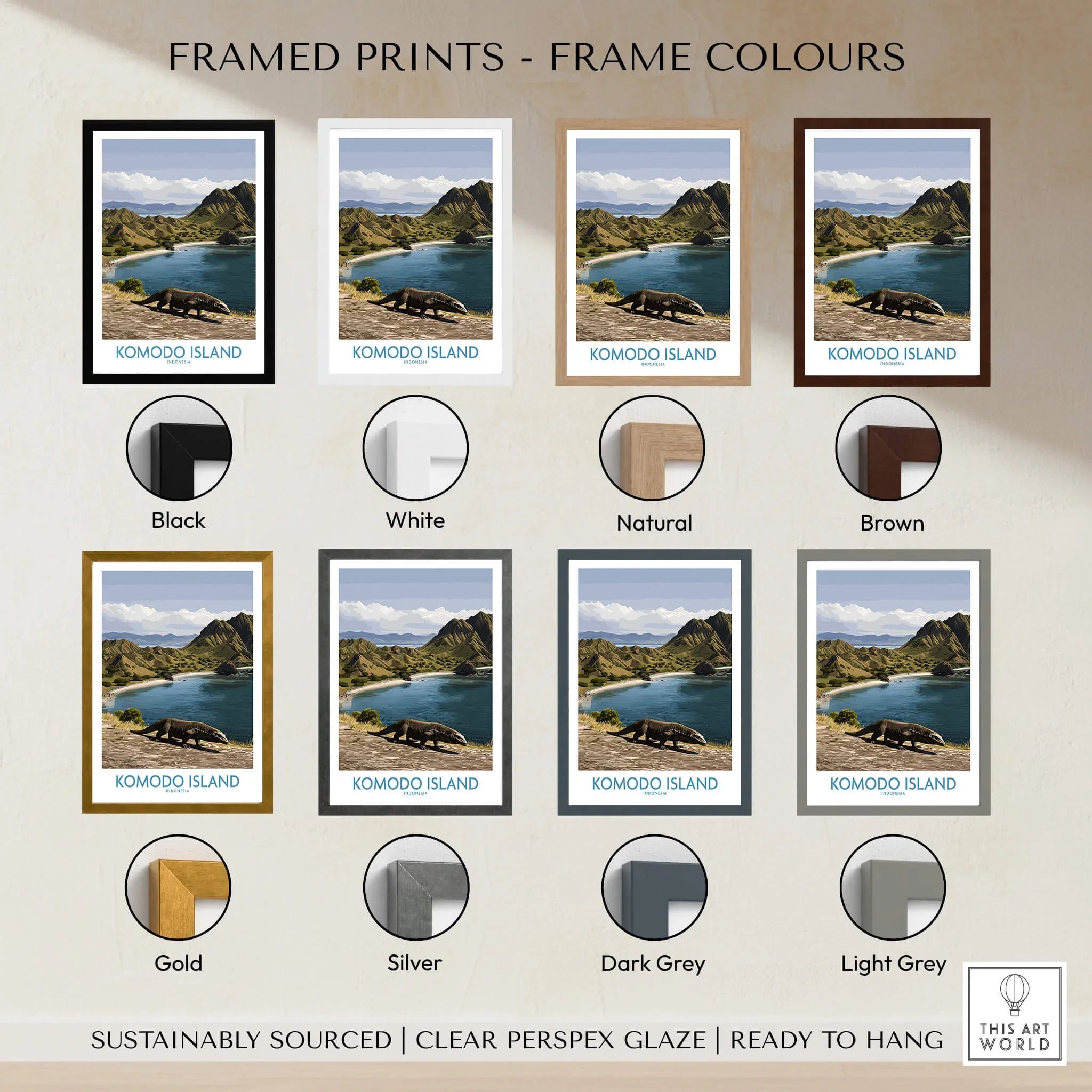 Komodo Island travel poster print with multiple frame color options including black, white, natural, brown, gold, silver, dark grey, and light grey.