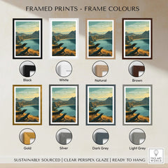 Komodo Island travel poster wall art in eight frame colour options including black, white, natural, brown, gold, silver, dark grey, and light grey.