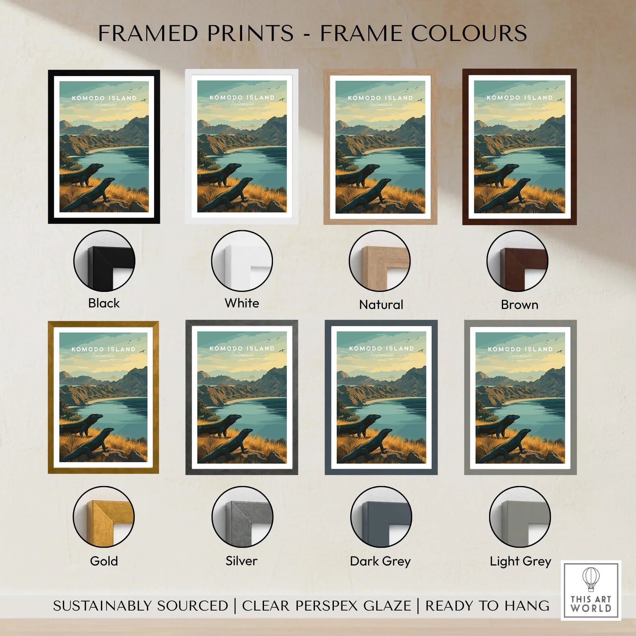 Komodo Island travel poster wall art in eight frame colour options including black, white, natural, brown, gold, silver, dark grey, and light grey.