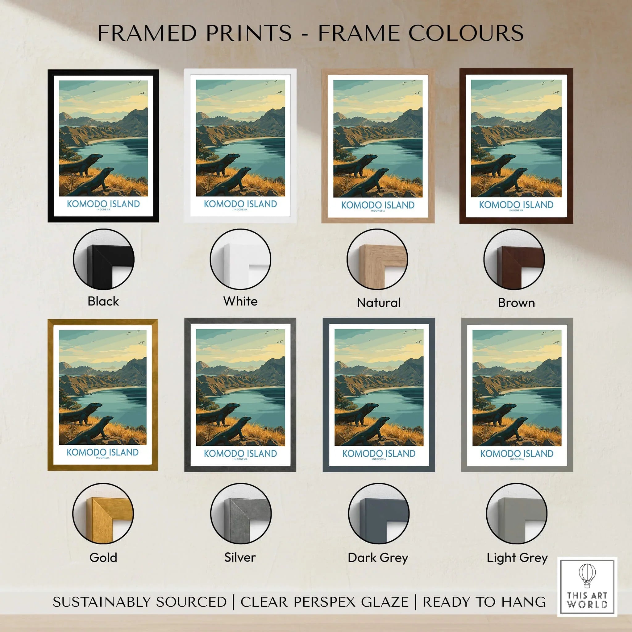 Komodo Island travel poster framed print in eight frame color options, landscape wall art.