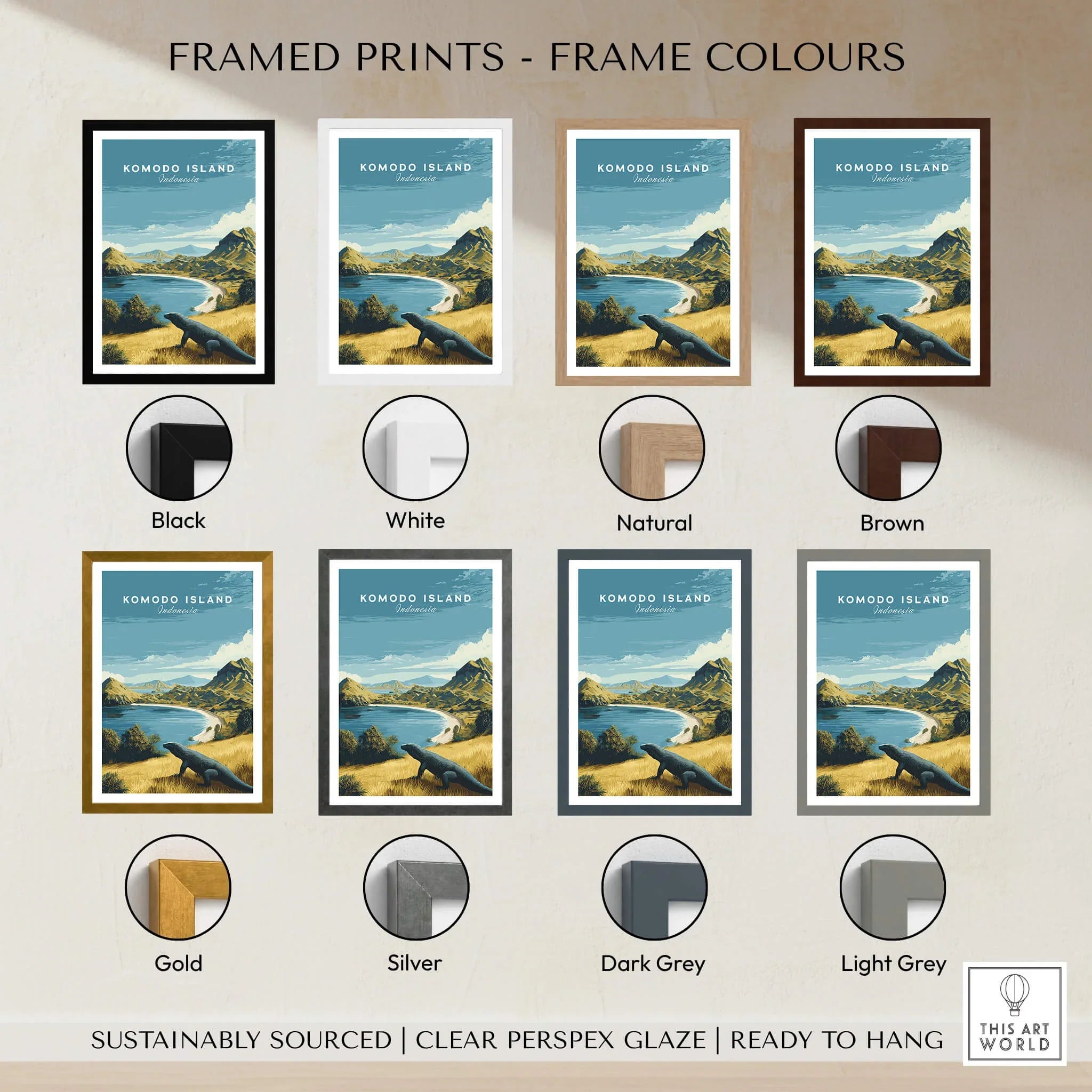 Komodo Island travel poster wall art in eight frame color options, featuring scenic landscape view.