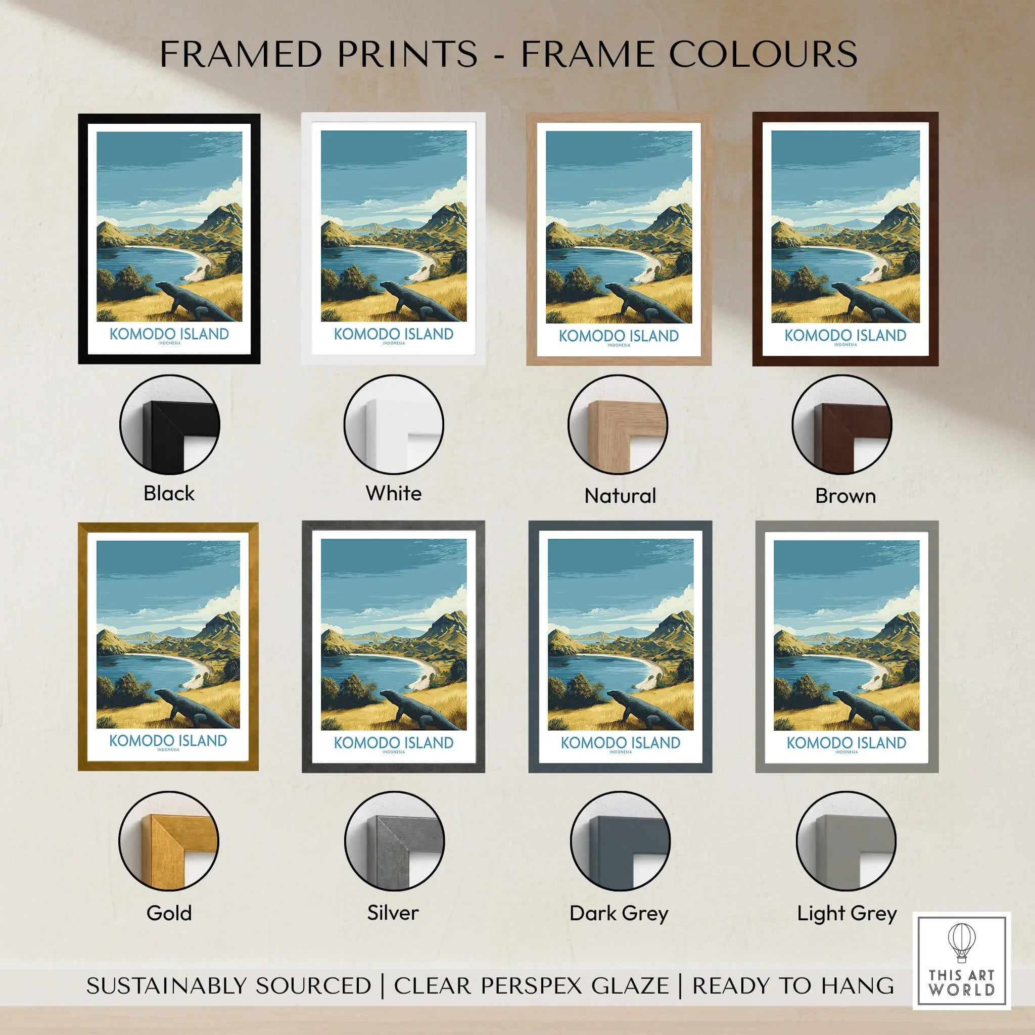 Komodo Island travel poster wall art in eight frame color options, landscape prints