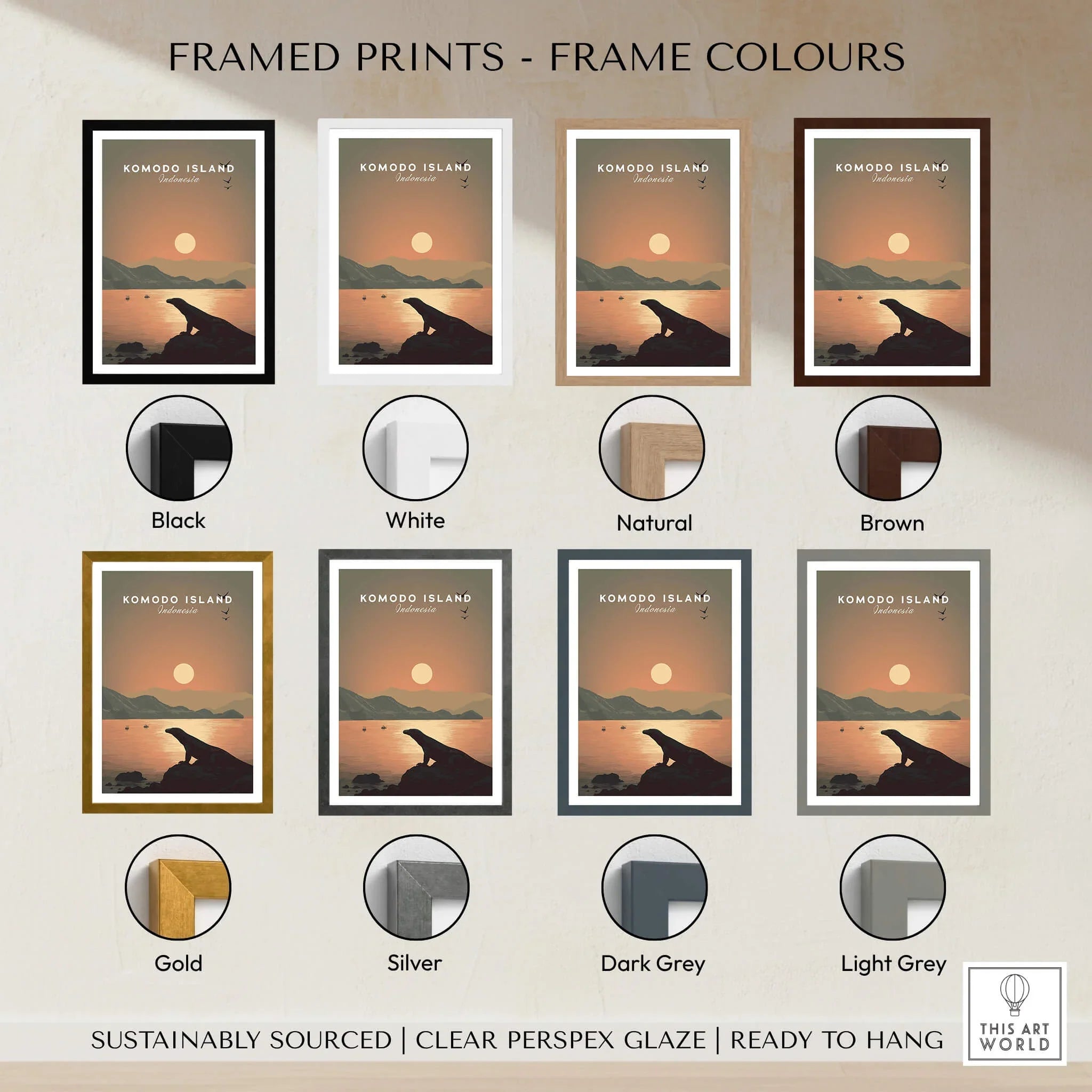 Komodo Island Indonesia travel poster wall art in eight frame color options, sunset landscape.