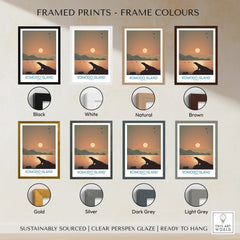 Komodo Island travel poster framed print in eight frame color options with sunset landscape view.