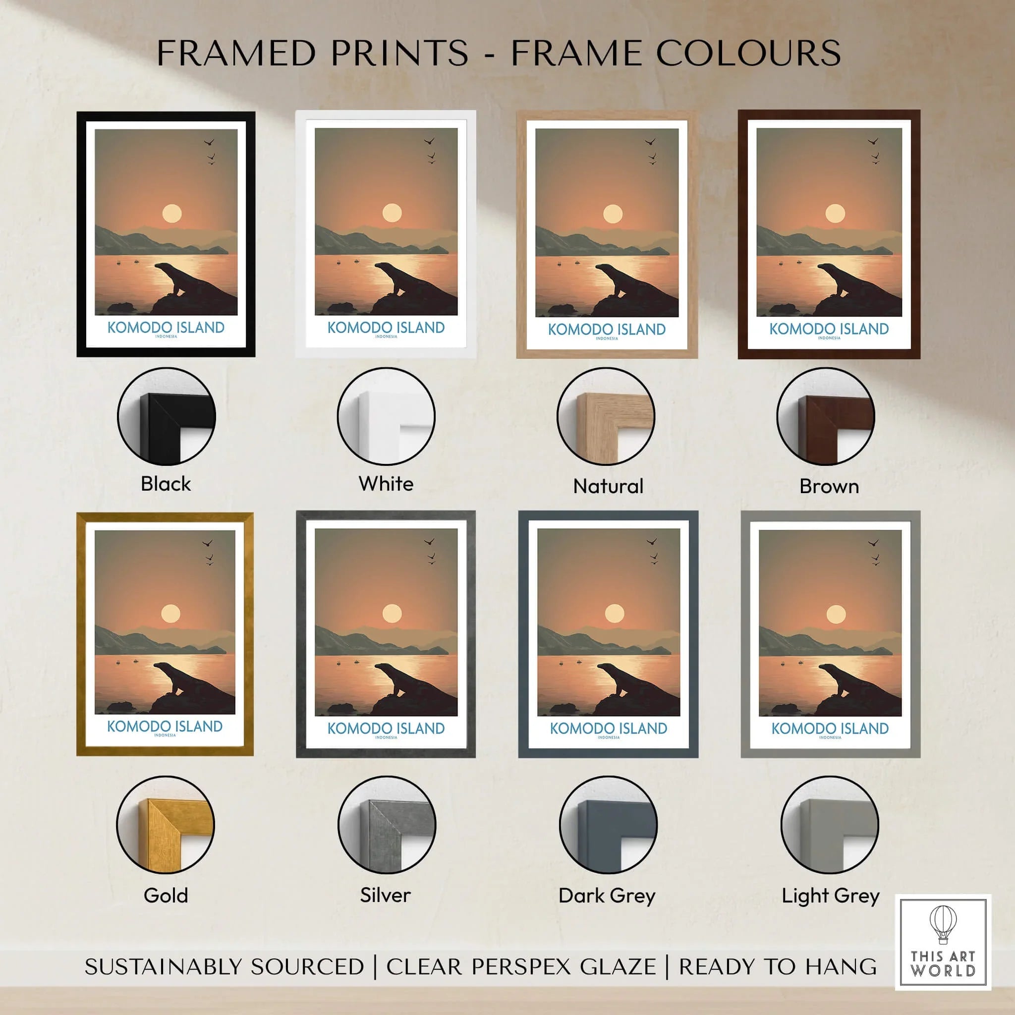 Komodo Island travel poster framed print in eight frame color options with sunset landscape view.