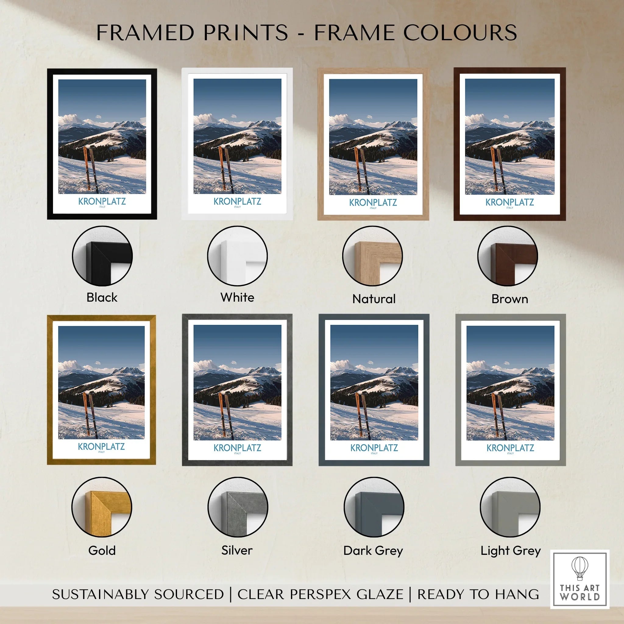 Framed Kronplatz ski resort poster with eight frame color options and mountain view.