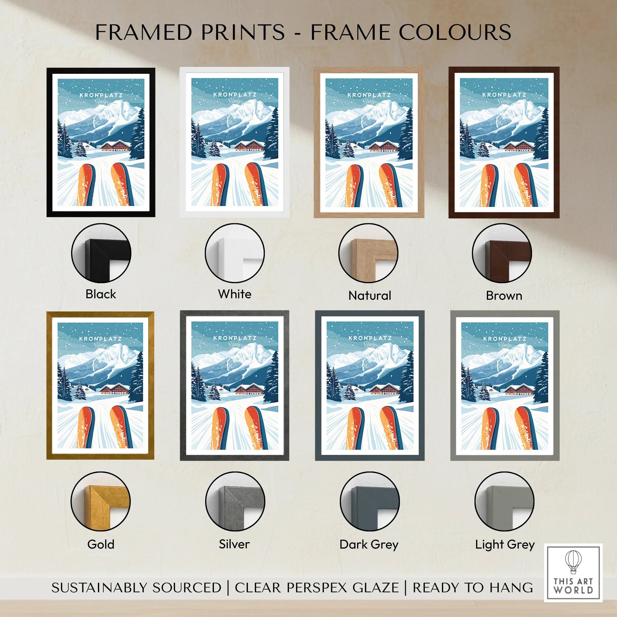 Kronplatz ski travel poster wall art in eight frame color options: black, white, natural, brown, gold, silver, dark grey, light grey.